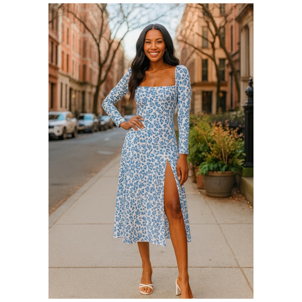REFORMATION Sigmund Milonesa Blue White Floral Long Sleeve Slit Midi Dress Sz 24 - Picture 2 of 15